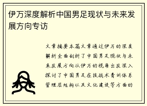伊万深度解析中国男足现状与未来发展方向专访