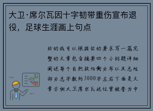 大卫·席尔瓦因十字韧带重伤宣布退役，足球生涯画上句点