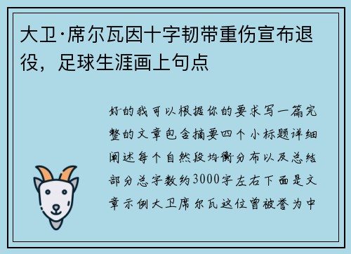 大卫·席尔瓦因十字韧带重伤宣布退役，足球生涯画上句点